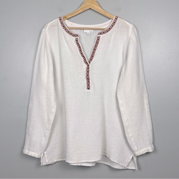 J. Jill Tops - J.Jill white gauzy muslin cotton roll tab sleeve blouse top, large.